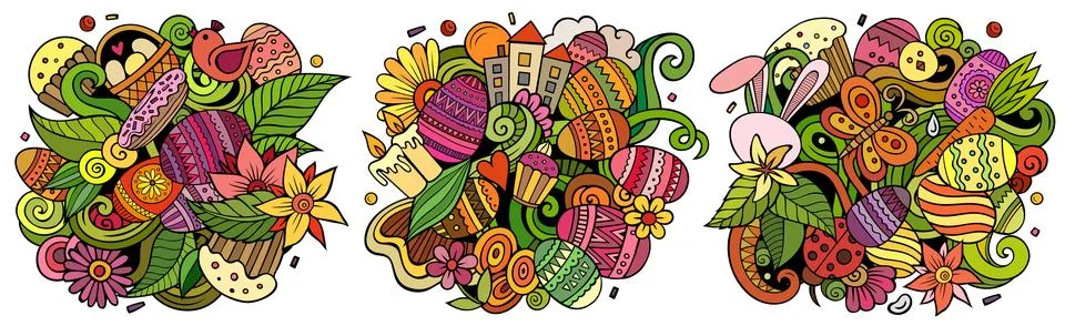 Happy Easter cartoon vector doodle designs set. 스톡 일러스트