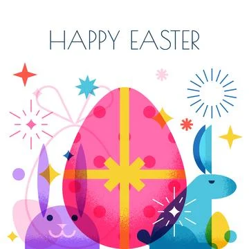 Happy Easter celebration banner, poster with colorful rabbit, bunny and eggs. Stock Illustration