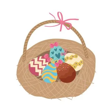 Happy easter celebration card with eggs painted in straw basket Stock Illustration