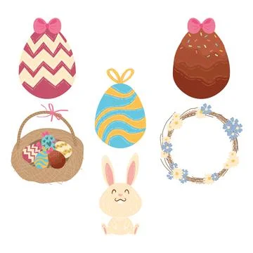 Happy easter celebration card with eggs painted in basket and cute rabbit Illustrazione stock