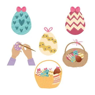 Happy easter celebration card with hands painted eggs and basket Stock Illustration