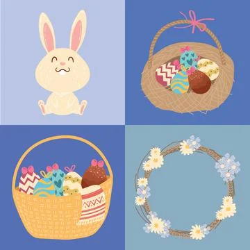 Happy easter celebration card with rabbit and eggs in baskets Illustrazione stock