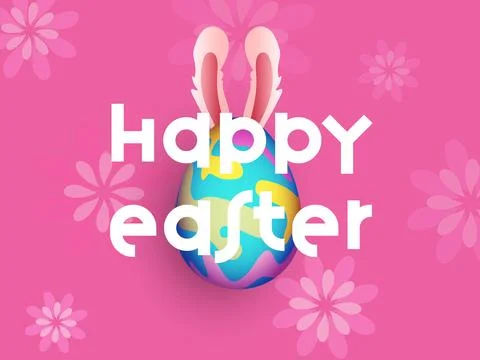 Happy Easter Celebration of Cartoon Bunny Ears Painted Egg Illustration on .. Stock Illustration