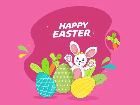 Happy Easter Celebration Concept with Cartoon Cheerful Bunny, Painted Eggs,.. Stock Illustration