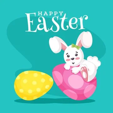 Happy Easter Celebration Concept with Cartoon Cute Bunny Climbing on Big Pa.. Stock Illustration