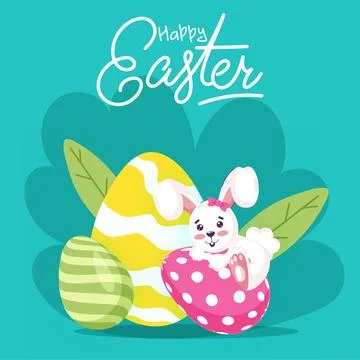 Happy Easter Celebration Concept with Cartoon Cute Bunny Climbing on Painte.. Stock Illustration