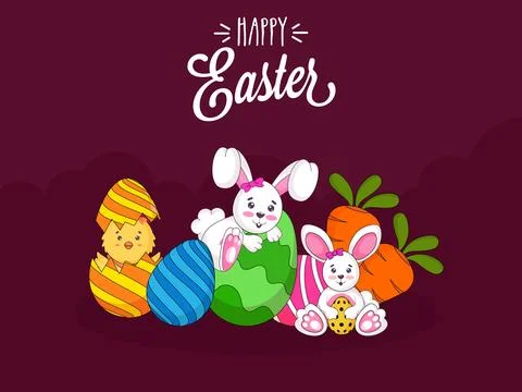 Happy Easter Celebration Concept with Cartoon Cute Chick, Bunny, Painted Eg.. Stock Illustration
