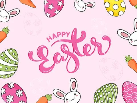 Happy Easter Celebration Concept with Cartoon Cute Bunny Face, Painted Eggs.. Stock Illustration
