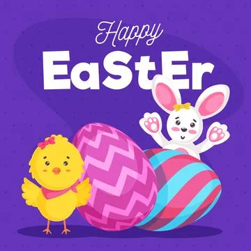 Happy Easter Celebration Concept with Cartoon Chick and Bunny, Painted Eggs.. Stock Illustration