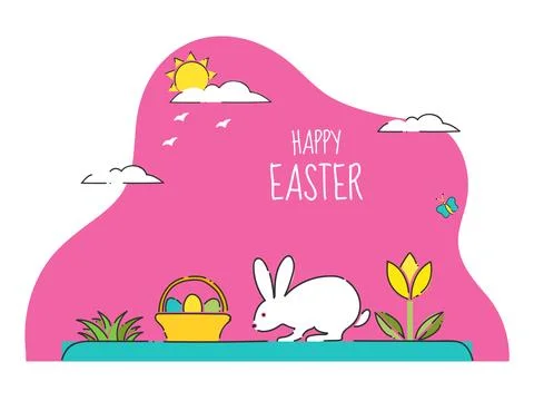 Happy Easter Celebration Concept with Cute Cartoon Bunny Walking and Egg Ba.. Stock Illustration