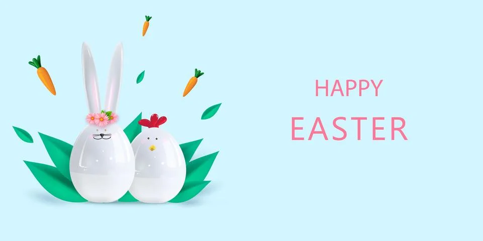 Happy easter. Ceramic figurines of a rabbit and a chicken on a light background Stock Illustration