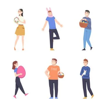 Happy Easter with Cheerful People Celebrating Holiday Vector Set Stock Illustration