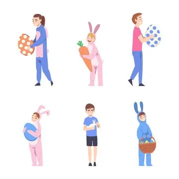 Happy Easter with Cheerful People Celebrating Holiday Vector Set Illustrazione stock