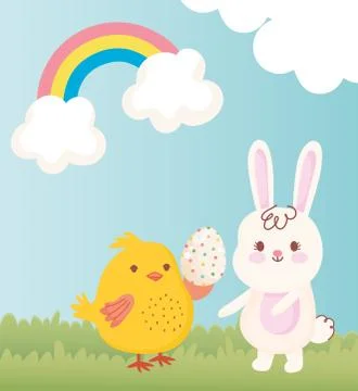 Happy easter chicken with egg and rabbit grass rainbow decoration Stock Illustration