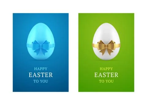 Happy Easter chicken egg bow ribbon present 3d greeting card set design tem.. Stock Illustration