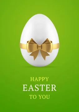 Happy Easter chicken egg festive bow ribbon white painted present 3d greeti.. Stock Illustration