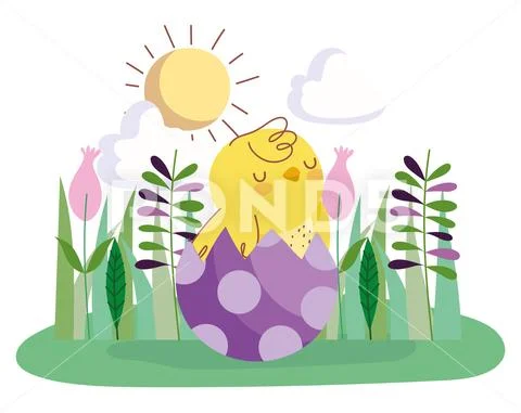 Happy easter chicken in eggshell flowers grass decoration Stock Illustration