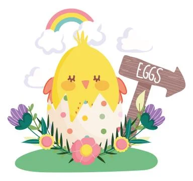 Happy easter chicken in eggshell flowers rainbow Stock Illustration