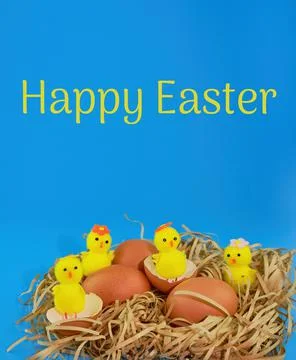 Happy Easter chickens and eggs in a nest of straw. Happy Easter inscription Stock Photos
