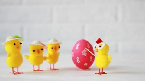 Happy Easter. Chickens conduct a master class in preparation for Easter. Stock Photos