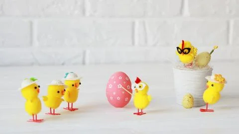 Happy Easter. Chickens conduct a master class in preparation for Easter. Stock Photos