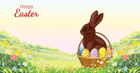 Happy Easter chocolate bunny with eggs in garden Stock Illustration