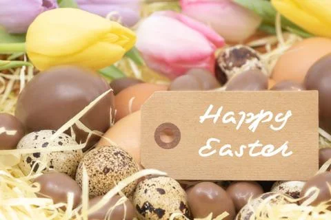 Happy Easter with chocolate eggs, chicken eggs and quail eggs and tulips Stock Photos