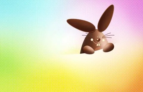 Happy easter, chocolate funny bunny showing the sign isolated on colorful bac Stock Illustration