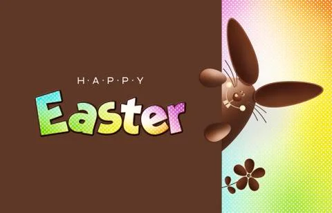 Happy easter, chocolate funny bunny showing the sign with text on colorful ba Stock Illustration
