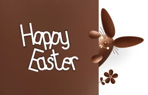 Happy easter, chocolate funny bunny showing the sign with text on white backg Stock Illustration