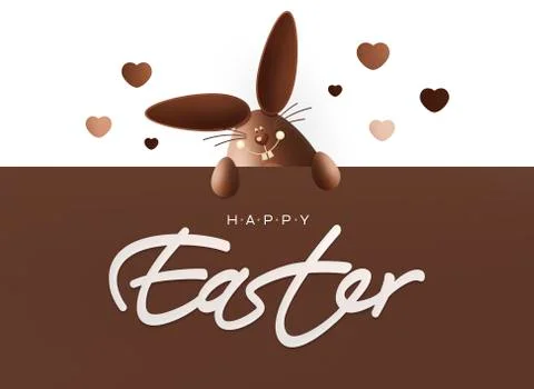 Happy easter, chocolate funny bunny showing the sign with text on white backg Stock Illustration