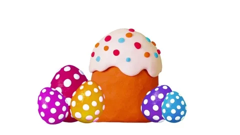 Happy Easter in Clay. Easter cake and eggs. Alpha matte. 4K Stock Footage 72731863