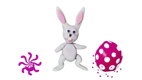 Happy Easter in Clay. Rabbit and eggs. Alpha matte. 4K Video stock 72792654