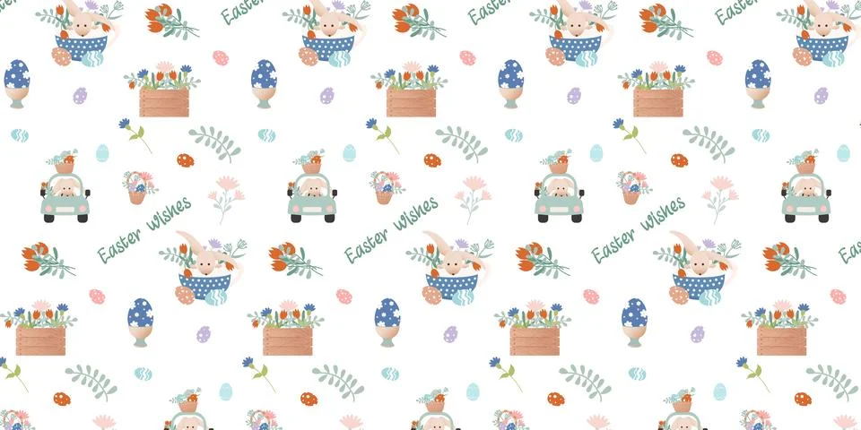 Happy Easter clip art. Pattern with cartoon characters in retro style. Easter 스톡 일러스트