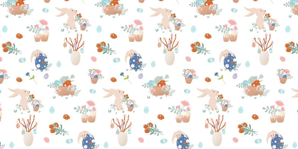 Happy Easter clip art. Pattern with cartoon characters in retro style. Easter Stock Illustration