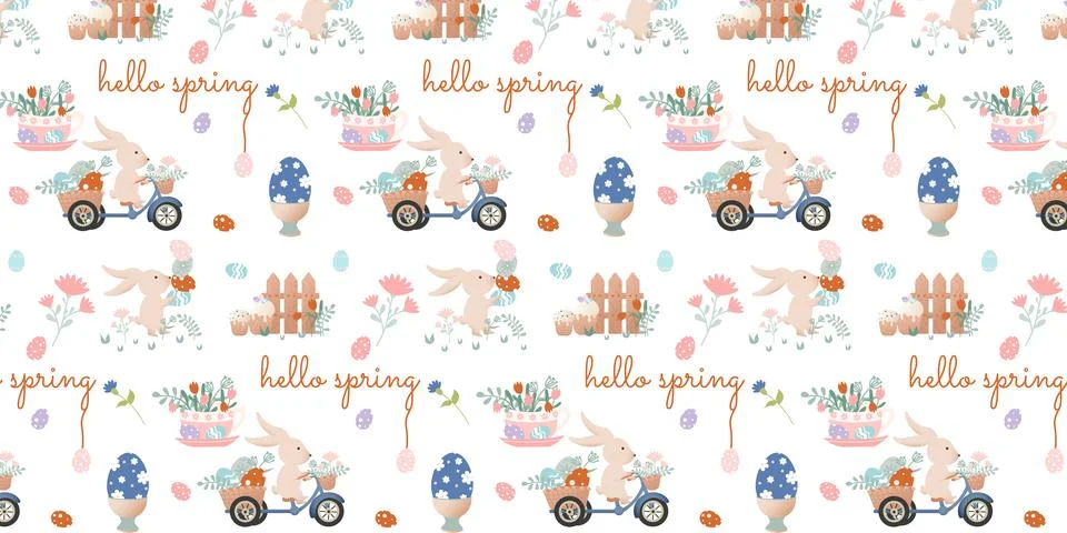 Happy Easter clip art. Pattern with cartoon characters in retro style. Easter Stock Illustration