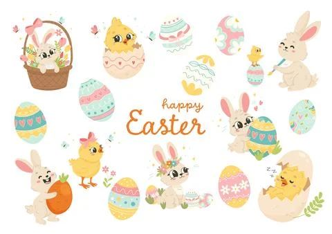 Happy Easter Clipart Set, Cute Bunnies Chicks and Decorative Eggs Illustratio Stock Illustration