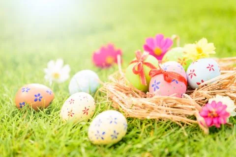 Happy easter!  Closeup Colorful Easter eggs in nest on green grass field duri Stock Photos