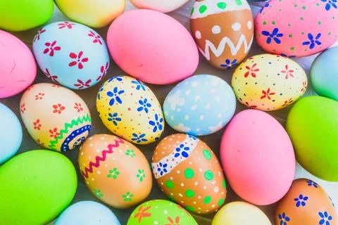 Happy easter!  Closeup Colorful Easter eggs background. Happy fa Stock Photos