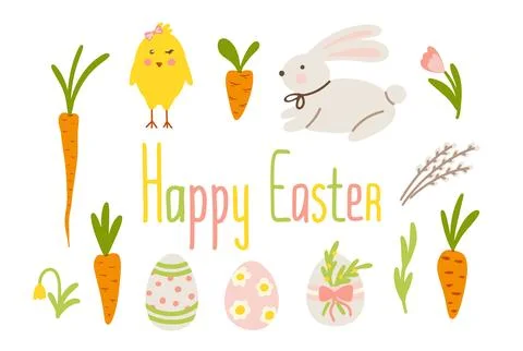 Happy Easter collection with bunny chick carrots and eggs, set of decor elements 스톡 일러스트