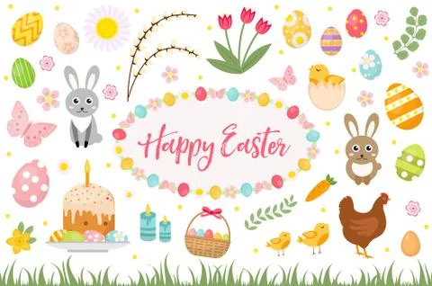 Happy Easter collection object, design element.  spring set with cake, bask.. Stock Illustration