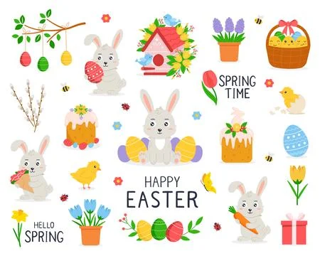 Happy Easter collection of objects. Set of cute Easter design elements Stockillustratie