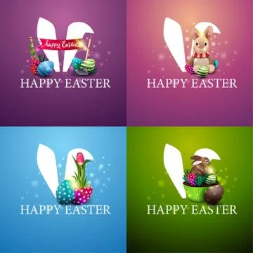 Happy Easter, collection square colorful postcards with Easter icons 库存插图