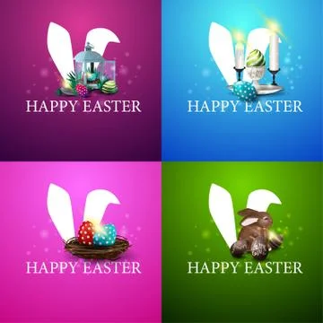 Happy Easter, collection square colorful postcards Stock Illustration