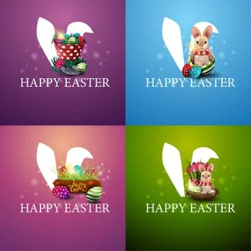 Happy Easter, collection square colorful postcards with Easter icons Stock Illustration