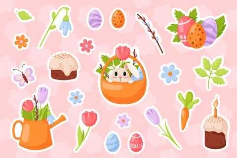 Happy Easter collection sticker in cartoon flat style. Crocus, tulip, Easter pie Stock Illustration