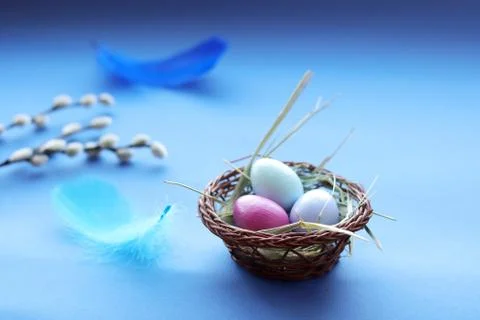 Happy Easter, colored egg, bright feathers on a blue background Stock Photos
