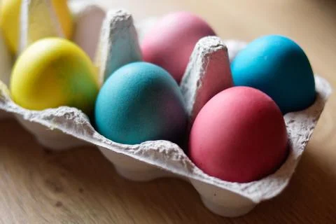 Happy easter. Colored eggs on gray concrete. Flowering, fur seal willow, on a Stock Photos