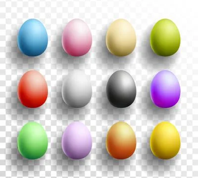 Happy Easter colored Eggs set with shadows on transparent background. Vector 库存插图