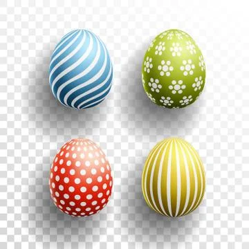 Happy Easter colored Eggs set with shadows on transparent background. Vector Illustrazione stock